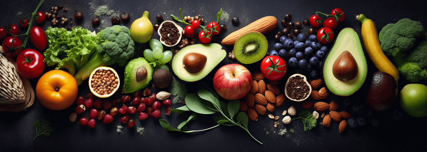 Sammlung von Früchten, Gemüse und Nüssen
